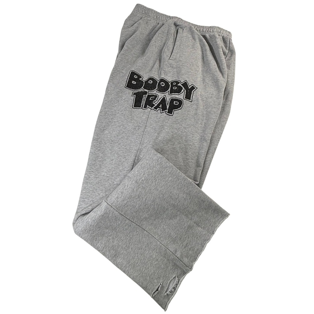 Booby Trap Graphic Wide Leg Sweatpants Heather Gray Raw Hem Streetwear Mens XL
